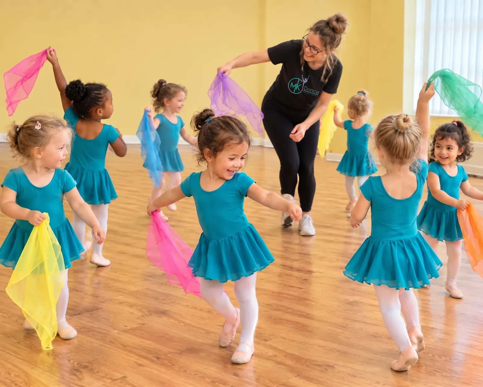 Toddlers in aqua leotards dancing with colourful scarves in an mk minis class