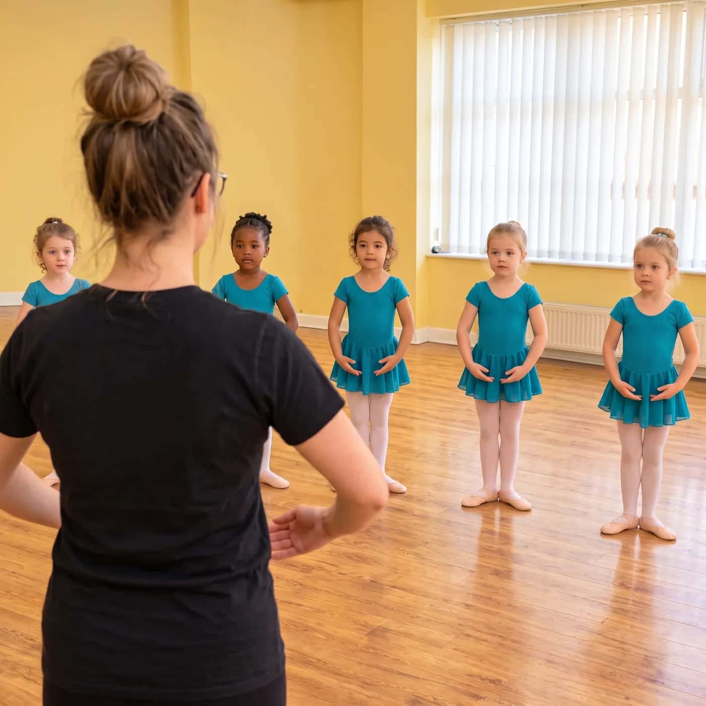 Young children in turquoise leotards following their teacher in a Pre-Primary class